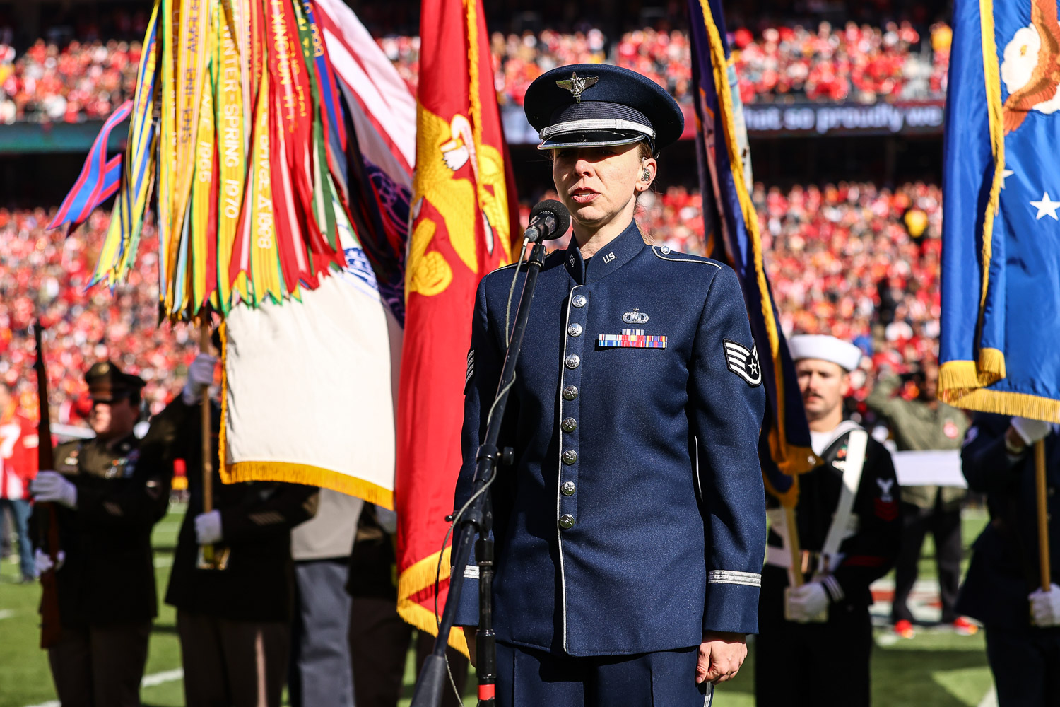 United States Air Force Staff Sergeant Melissa Griffith sings the national anthem prior to an NFL football game against the Jacksonville Jaguars, Sunday, November 13, 2022 in Kansas City.