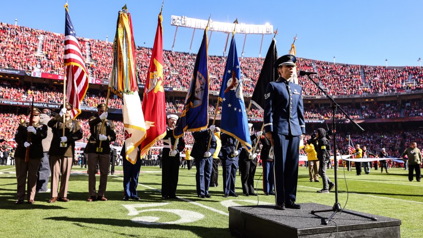 United States Air Force Staff Sergeant Melissa Griffith sings the national anthem prior to an NFL football game against the Jacksonville Jaguars, Sunday, November 13, 2022 in Kansas City.