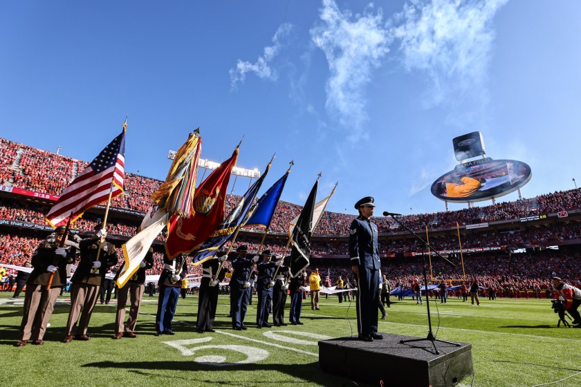 United States Air Force Staff Sergeant Melissa Griffith sings the national anthem prior to an NFL football game against the Jacksonville Jaguars, Sunday, November 13, 2022 in Kansas City.
