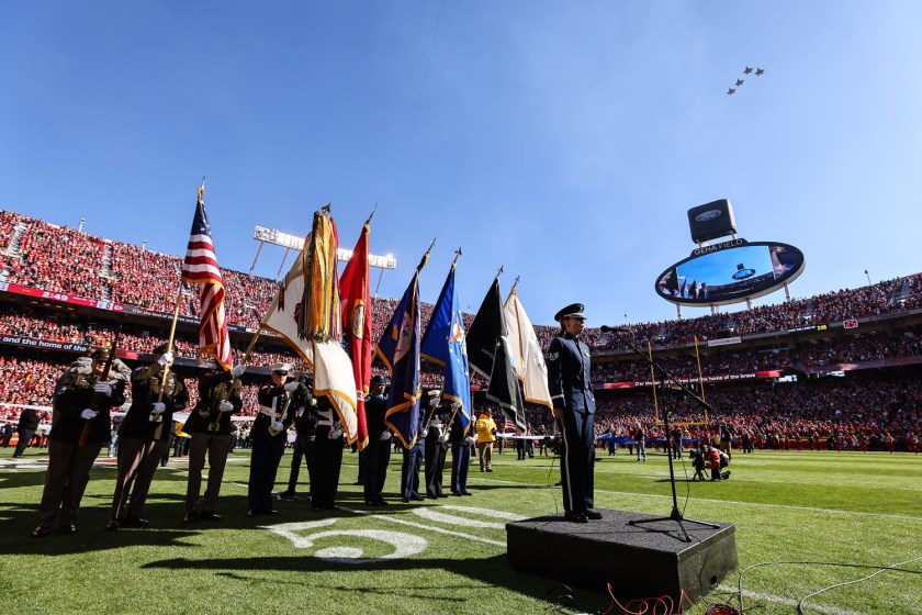 United States Air Force Staff Sergeant Melissa Griffith sings the national anthem prior to an NFL football game against the Jacksonville Jaguars, Sunday, November 13, 2022 in Kansas City.