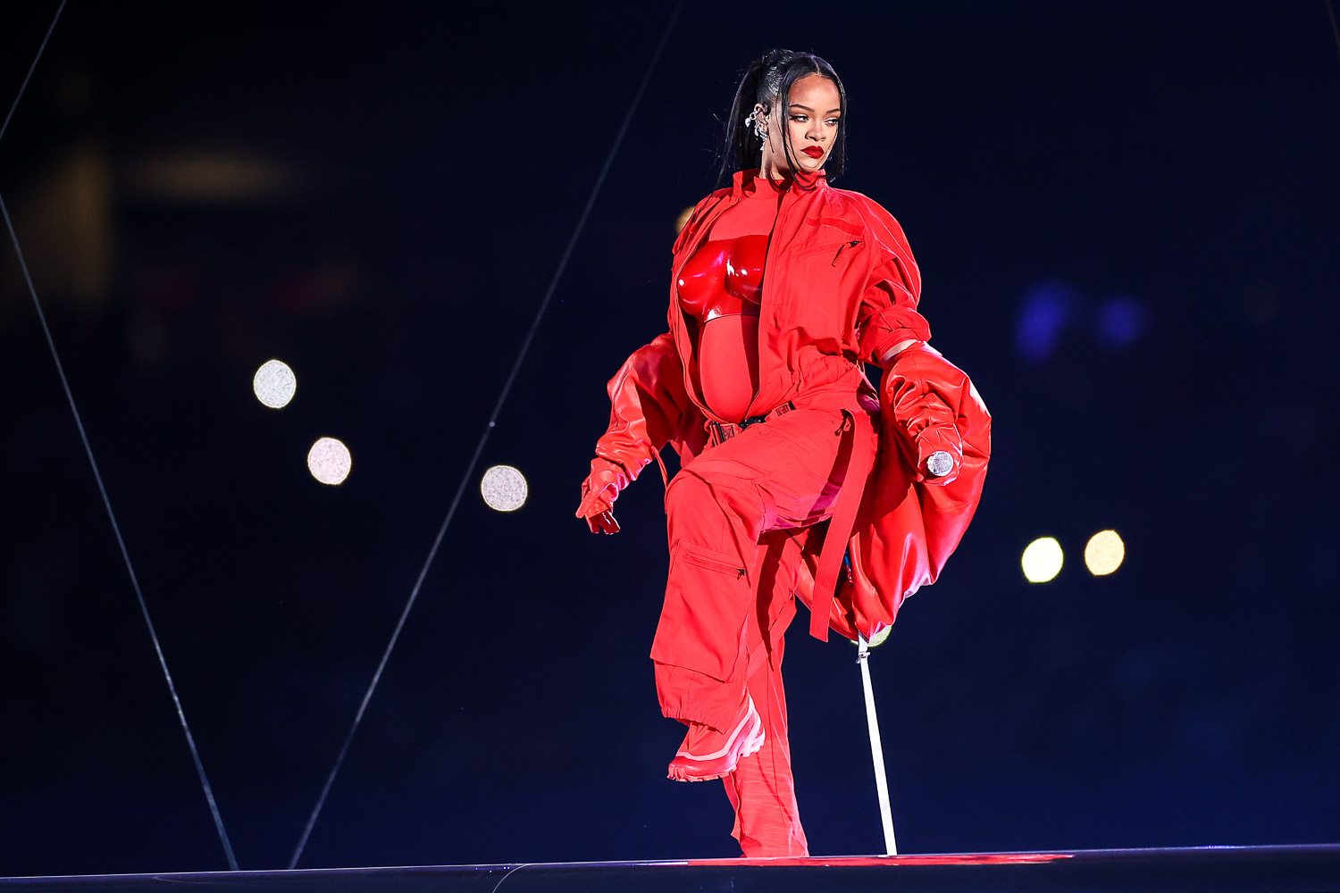 Rihanna performing during the Apple Music Super Bowl LVII Halftime Show at the NFL Super Bowl 57 football game between the Kansas City Chiefs and the Philadelphia Eagles, Sunday, Feb. 12, 2023, in Glendale, Arizona.