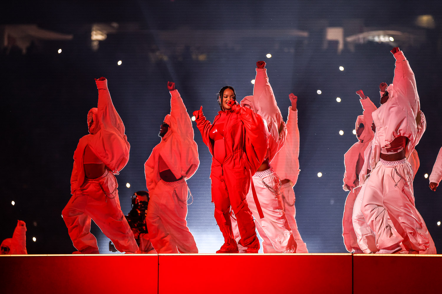Rihanna performing during the Apple Music Super Bowl LVII Halftime Show at the NFL Super Bowl 57 football game between the Kansas City Chiefs and the Philadelphia Eagles, Sunday, Feb. 12, 2023, in Glendale, Arizona.