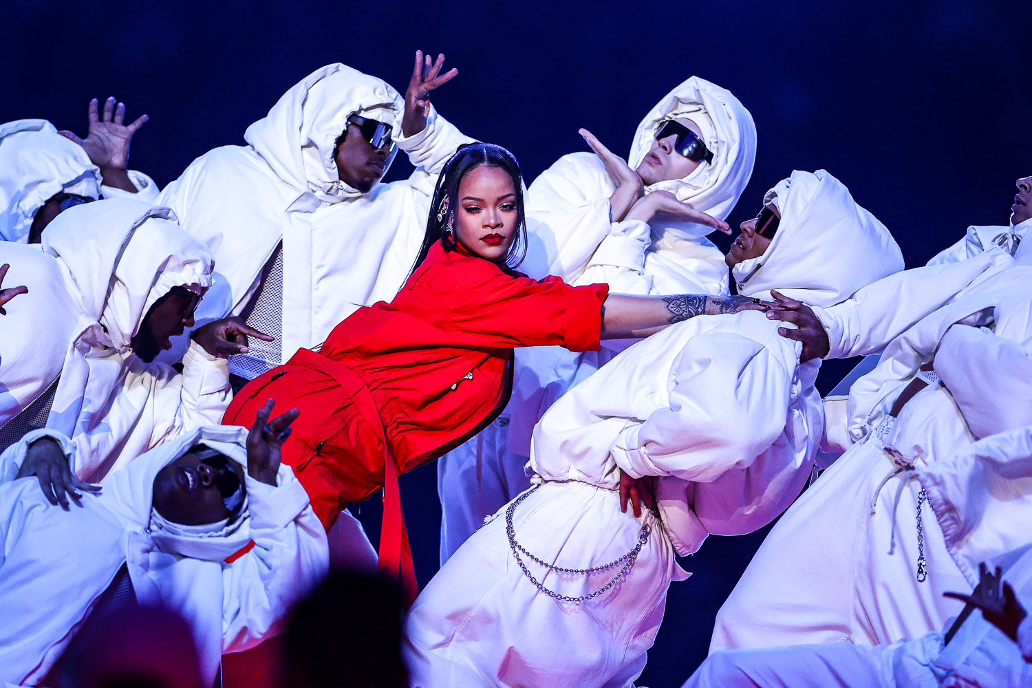 Rihanna performing during the Apple Music Super Bowl LVII Halftime Show at the NFL Super Bowl 57 football game between the Kansas City Chiefs and the Philadelphia Eagles, Sunday, Feb. 12, 2023, in Glendale, Arizona.