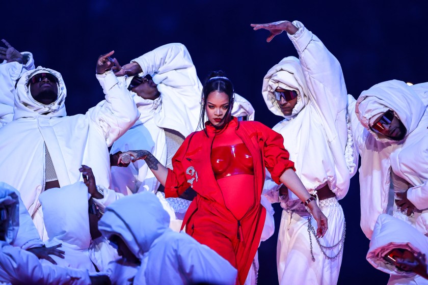 Rihanna performing during the Apple Music Super Bowl LVII Halftime Show at the NFL Super Bowl 57 football game between the Kansas City Chiefs and the Philadelphia Eagles, Sunday, Feb. 12, 2023, in Glendale, Arizona.