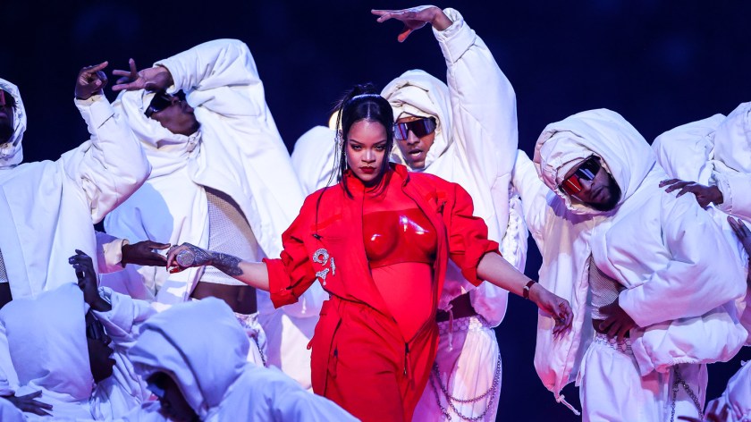 Rihanna performing during the Apple Music Super Bowl LVII Halftime Show at the NFL Super Bowl 57 football game between the Kansas City Chiefs and the Philadelphia Eagles, Sunday, Feb. 12, 2023, in Glendale, Arizona.