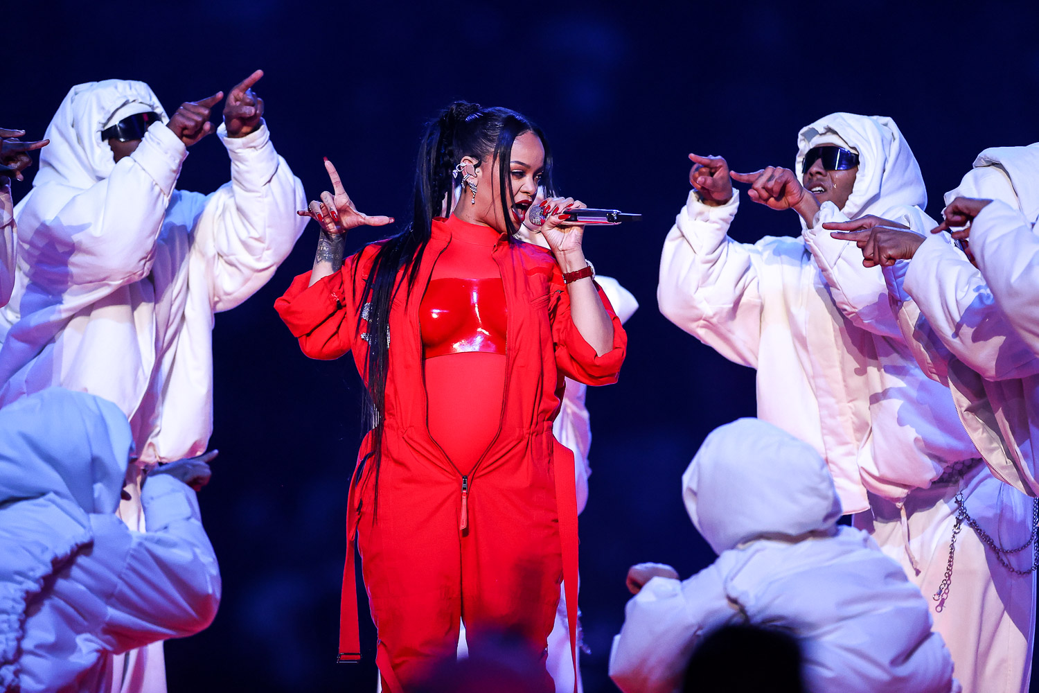 Rihanna performing during the Apple Music Super Bowl LVII Halftime Show at the NFL Super Bowl 57 football game between the Kansas City Chiefs and the Philadelphia Eagles, Sunday, Feb. 12, 2023, in Glendale, Arizona.