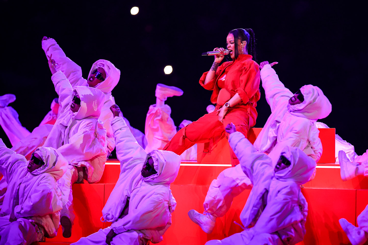 Rihanna performing during the Apple Music Super Bowl LVII Halftime Show at the NFL Super Bowl 57 football game between the Kansas City Chiefs and the Philadelphia Eagles, Sunday, Feb. 12, 2023, in Glendale, Arizona.
