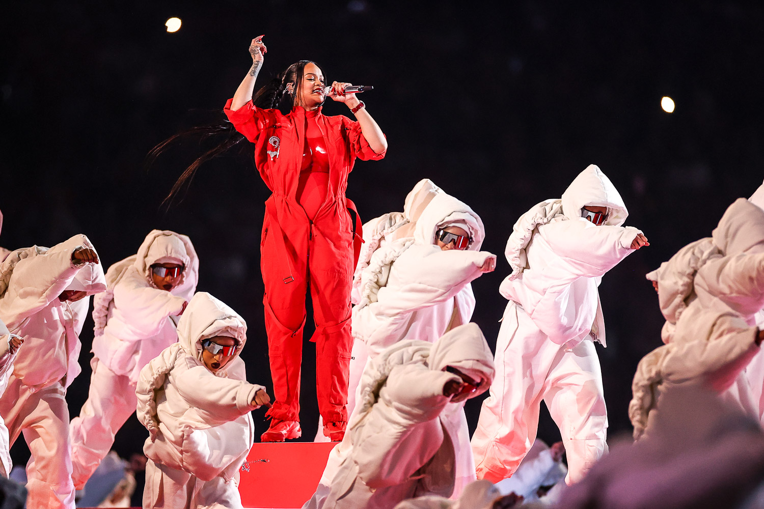 Rihanna performing during the Apple Music Super Bowl LVII Halftime Show at the NFL Super Bowl 57 football game between the Kansas City Chiefs and the Philadelphia Eagles, Sunday, Feb. 12, 2023, in Glendale, Arizona.