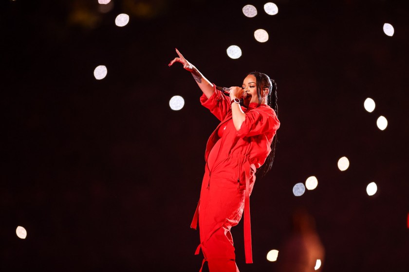 Rihanna performing during the Apple Music Super Bowl LVII Halftime Show at the NFL Super Bowl 57 football game between the Kansas City Chiefs and the Philadelphia Eagles, Sunday, Feb. 12, 2023, in Glendale, Arizona.