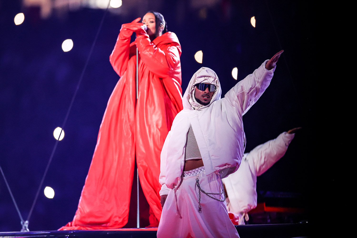 Rihanna performing during the Apple Music Super Bowl LVII Halftime Show at the NFL Super Bowl 57 football game between the Kansas City Chiefs and the Philadelphia Eagles, Sunday, Feb. 12, 2023, in Glendale, Arizona.