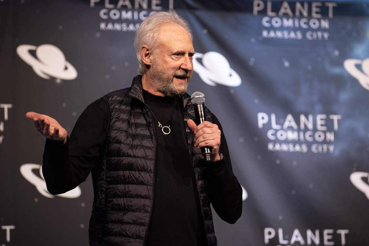 Brent Spiner during a panel on Friday at the 2023 Planet Comicon in Kansas City, Missouri on March 17, 2023.