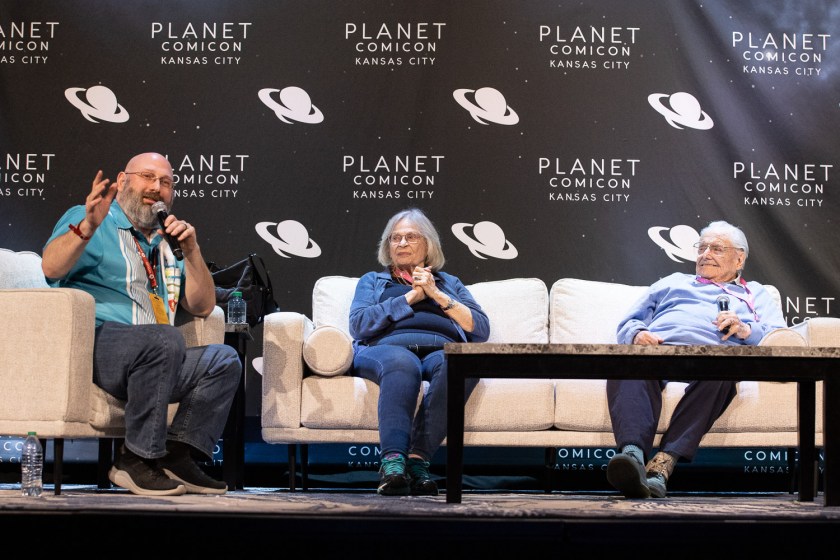 Bonnie Bartlett and William Daniels during a panel on Friday at the 2023 Planet Comicon in Kansas City, Missouri on March 17, 2023.
