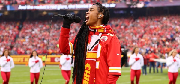 Season 15 winner of 'The Voice' Kennedy Holmes sings the national anthem prior to an NFL football game against the Los Angeles Rams Sunday, November 27, 2022 in Kansas City.
