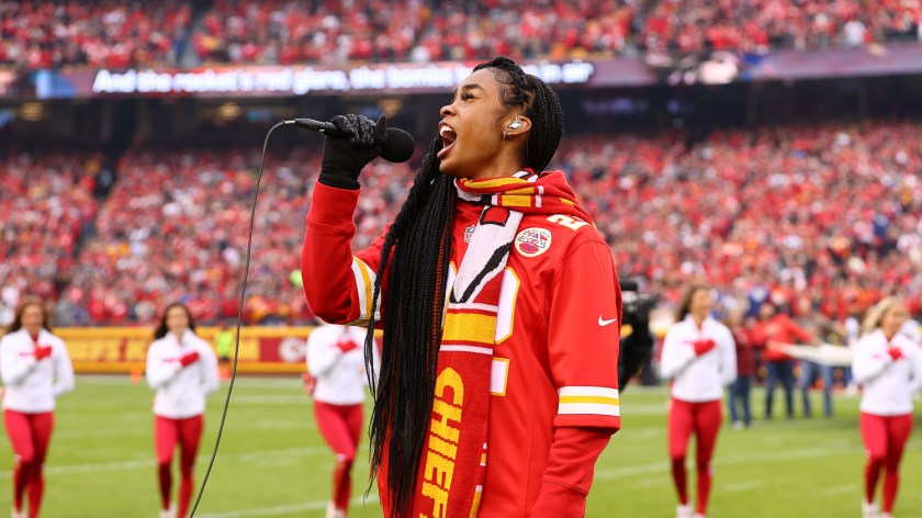 Season 15 winner of 'The Voice' Kennedy Holmes sings the national anthem prior to an NFL football game against the Los Angeles Rams Sunday, November 27, 2022 in Kansas City.