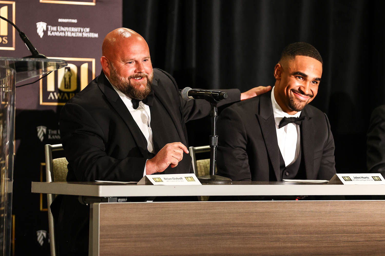 NFC Coach of the Year award recipient New York Giants head coach Brian Daboll and NFC Offensive Player of the Year award recipient Philadelphia Eagles quarterback Jalen Hurts during the 53rd annual 101 Awards press conference at The Westin Crown Center in Kansas City, Missouri on Saturday, February 25, 2023.