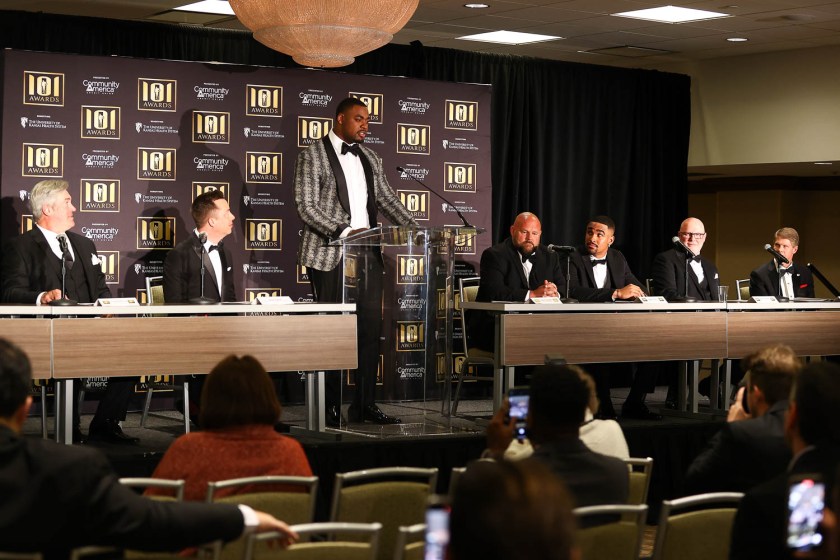 AFC Defensive Player of the Year award recipient Kansas City Chiefs defensive end Chris Jones during the 53rd annual 101 Awards press conference at The Westin Crown Center in Kansas City, Missouri on Saturday, February 25, 2023.
