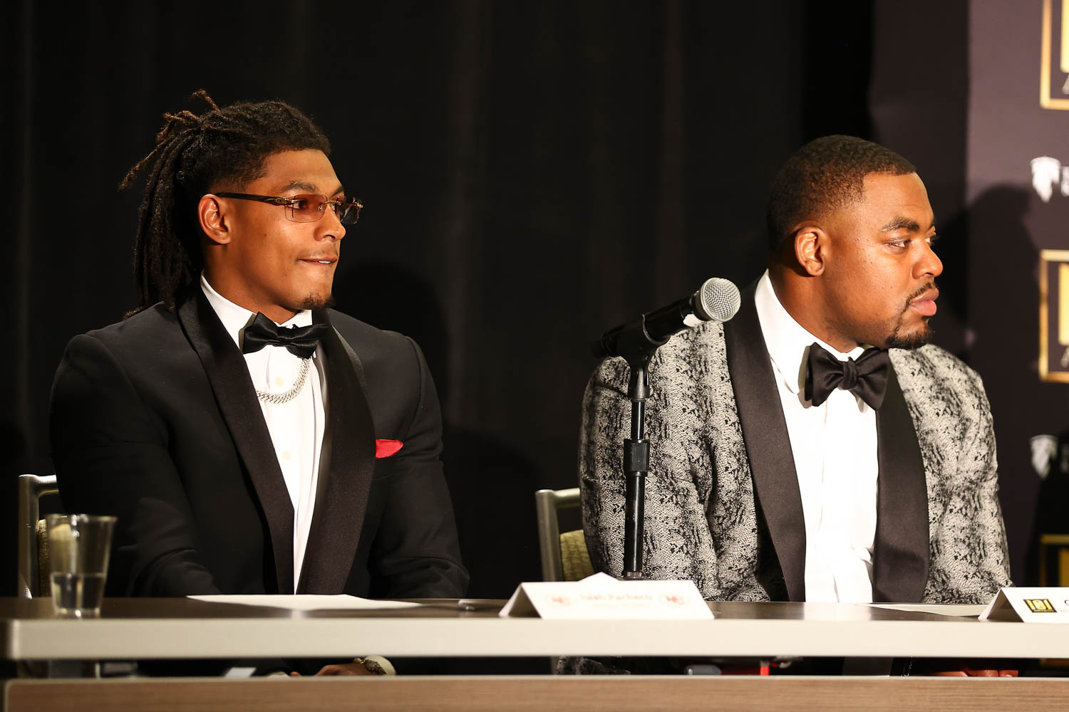 Mack Lee Hill award recipient Kansas City Chiefs running back Isiah Pacheco and AFC Defensive Player of the Year award recipient Kansas City Chiefs defensive end Chris Jones during the 53rd annual 101 Awards press conference at The Westin Crown Center in Kansas City, Missouri on Saturday, February 25, 2023.