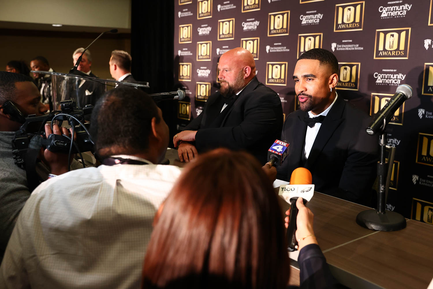 NFC Offensive Player of the Year award recipient Philadelphia Eagles quarterback Jalen Hurts during the 53rd annual 101 Awards press conference at The Westin Crown Center in Kansas City, Missouri on Saturday, February 25, 2023.