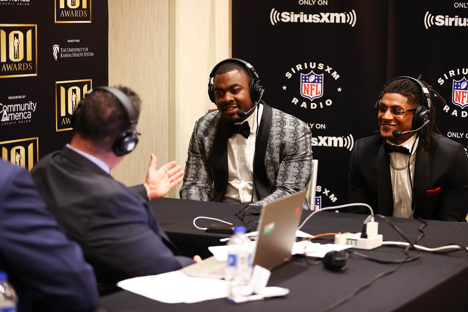 Kansas City Chiefs defensive end Chris Jones (95) and running back Isiah Pacheco (10) during the 53rd annual 101 Awards press conference at The Westin Crown Center in Kansas City, Missouri on Saturday, February 25, 2023.