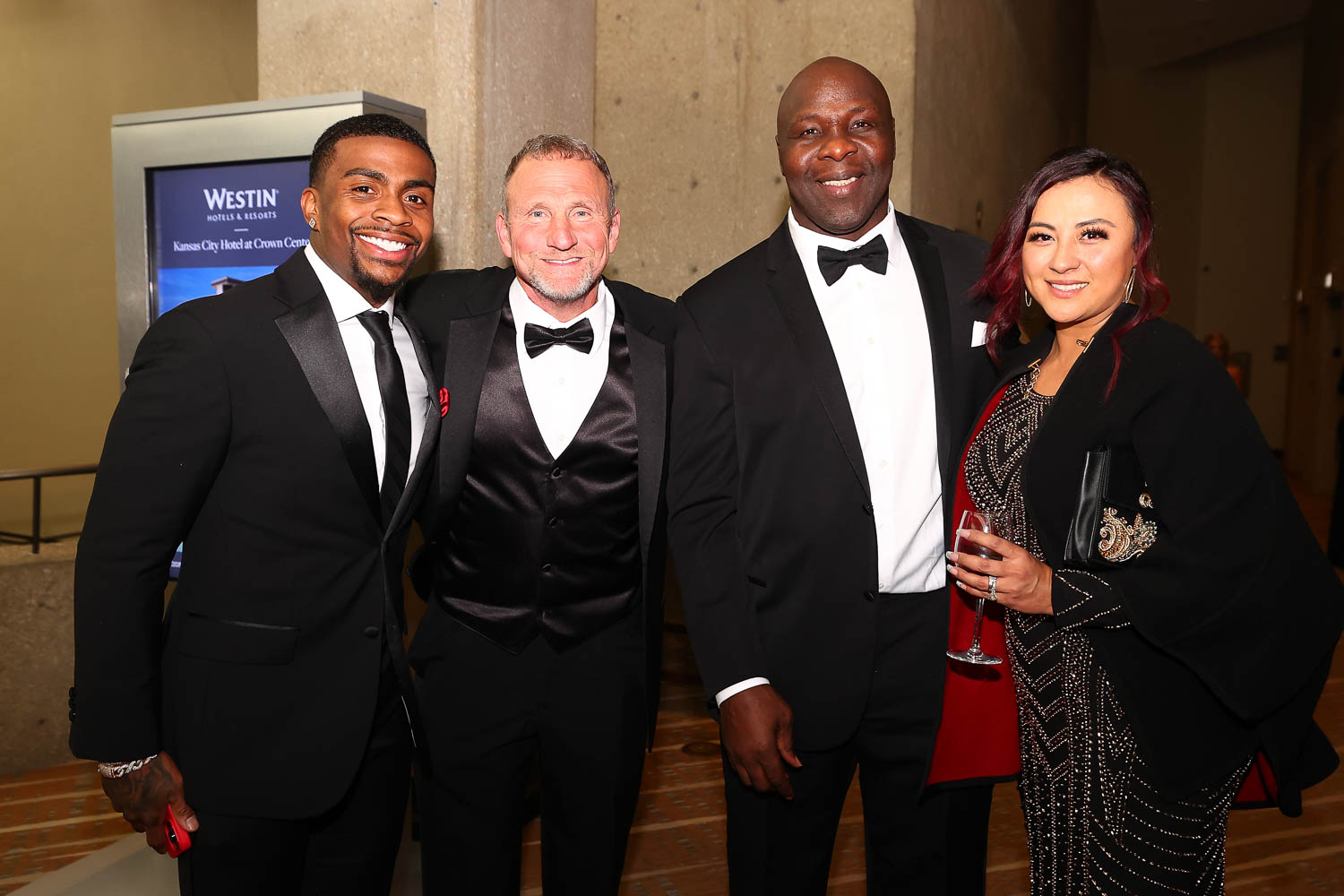 Kansas City Chiefs running back Jerick McKinnon, Head Strength and Conditioning Coach Barry Rubin, and former Chiefs linebacker Tamba Hali during the 53rd annual 101 Awards at The Westin Crown Center in Kansas City, Missouri on Saturday, February 25, 2023.