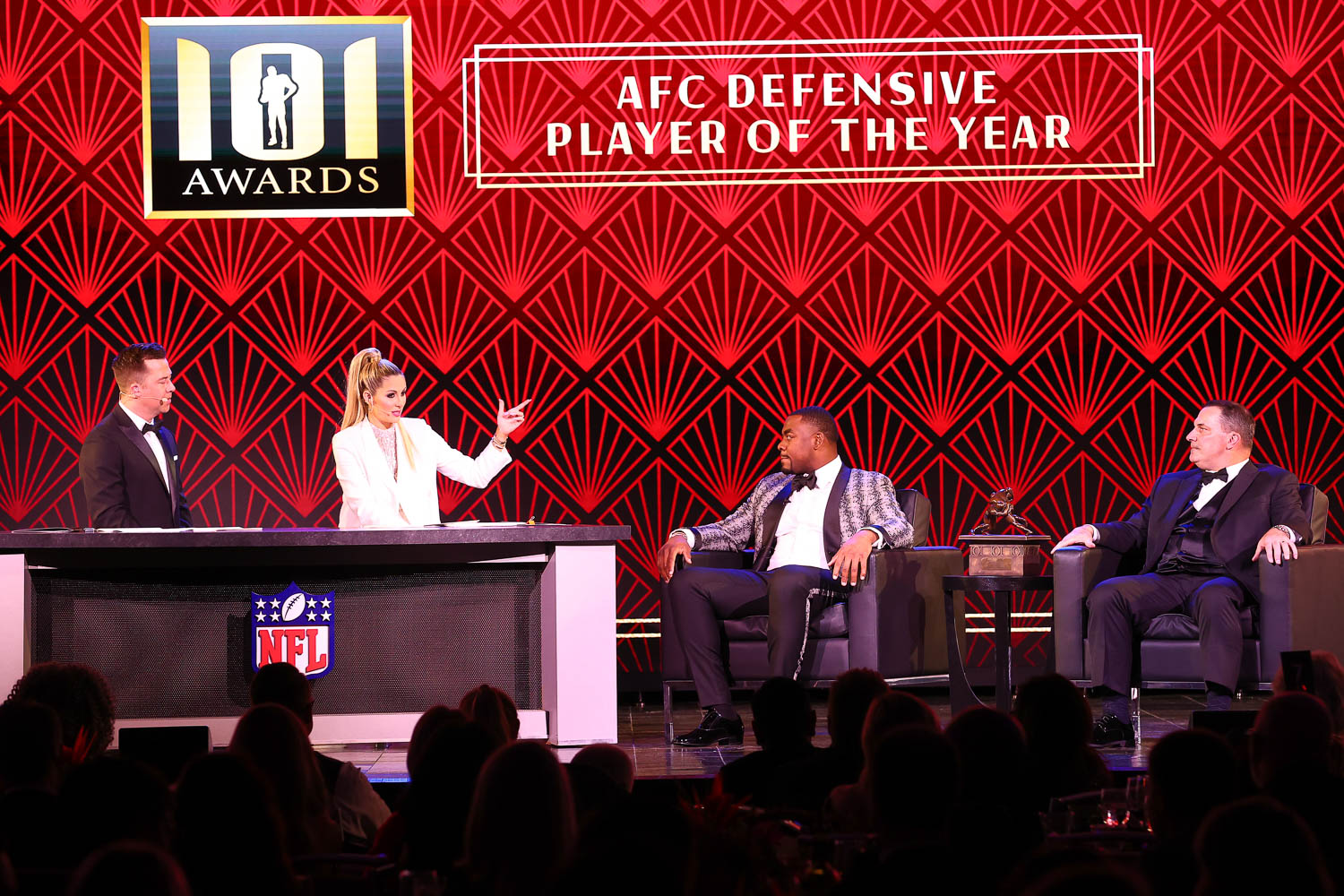 James Palmer and Laura Rutledge with AFC Defensive Player of the Year award recipient Kansas City Chiefs defensive end Chris Jones and Chiefs Defensive Line Coach Joe Cullen during the 53rd annual 101 Awards at The Westin Crown Center in Kansas City, Missouri on Saturday, February 25, 2023.