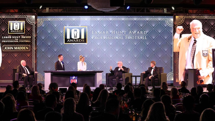 Chiefs Head Coach Andy Reid, James Palmer, Laura Rutledge, and Kansas City Chiefs Chairman, CEO, and Owner Clark Hunt with Mike Madden who is receiving the Lamar Hunt Award for Professional Football for his late father John Madden during the 53rd annual 101 Awards at The Westin Crown Center in Kansas City, Missouri on Saturday, February 25, 2023.