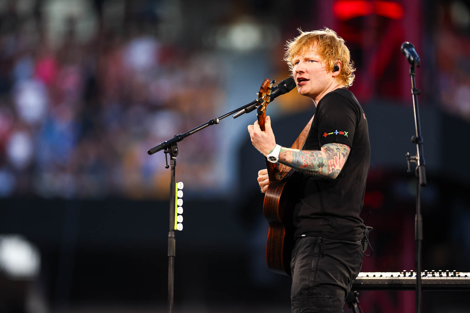 Ed Sheeran performing at GEHA Field at Arrowhead Stadium on Saturday, August 5, 2023.