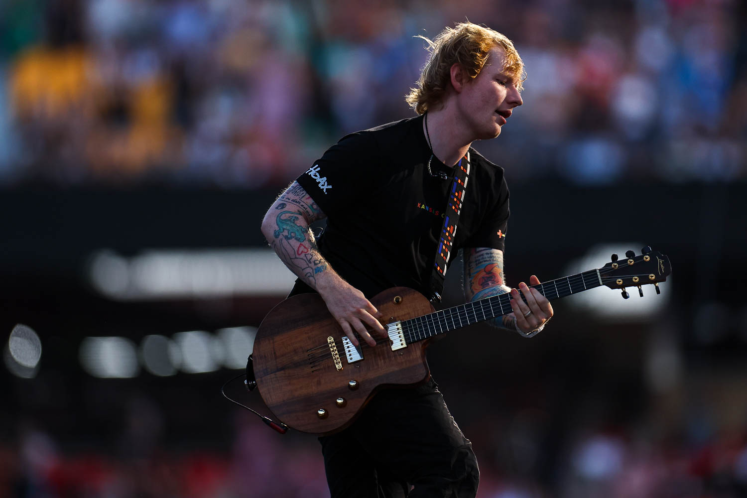 Ed Sheeran performing at GEHA Field at Arrowhead Stadium on Saturday, August 5, 2023.