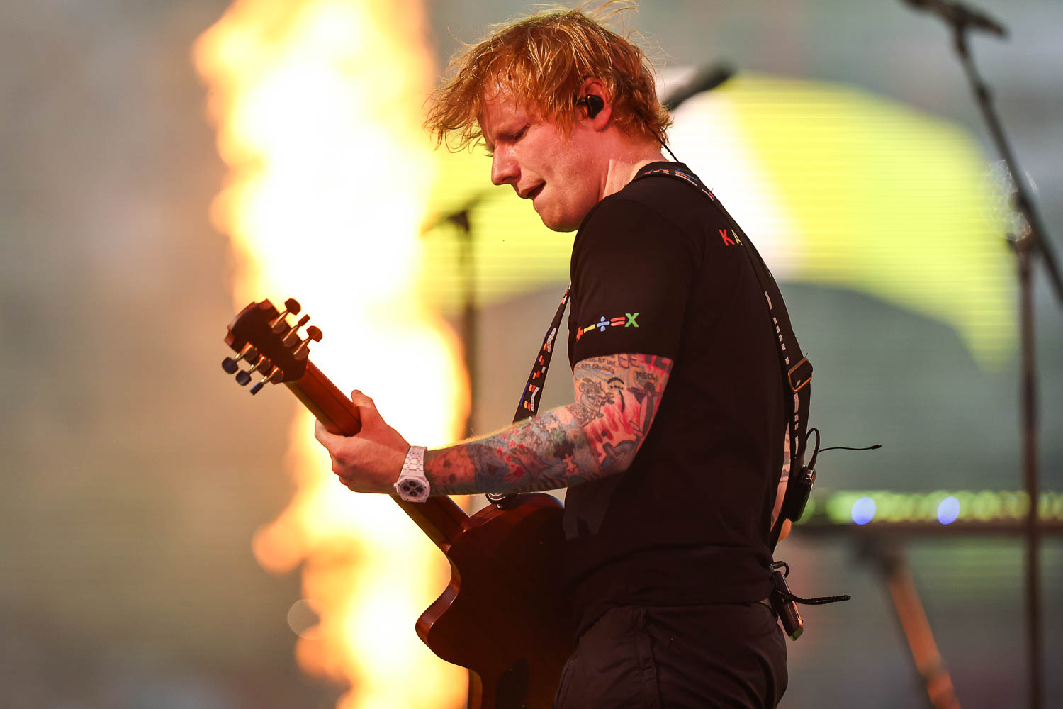 Ed Sheeran performing at GEHA Field at Arrowhead Stadium on Saturday, August 5, 2023.