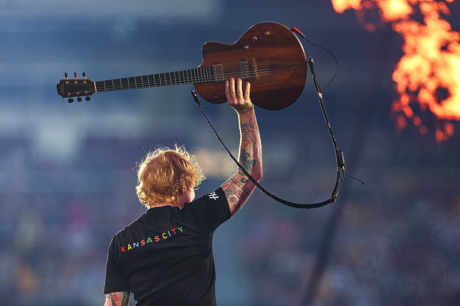 Ed Sheeran performing at GEHA Field at Arrowhead Stadium on Saturday, August 5, 2023.