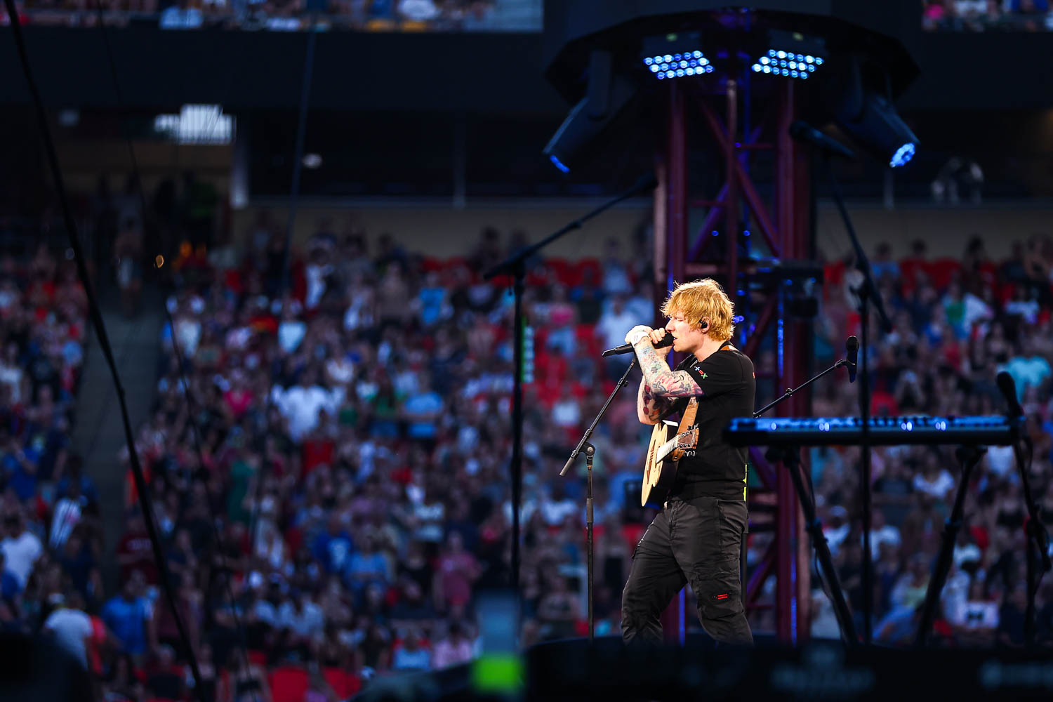 Ed Sheeran performing at GEHA Field at Arrowhead Stadium on Saturday, August 5, 2023.