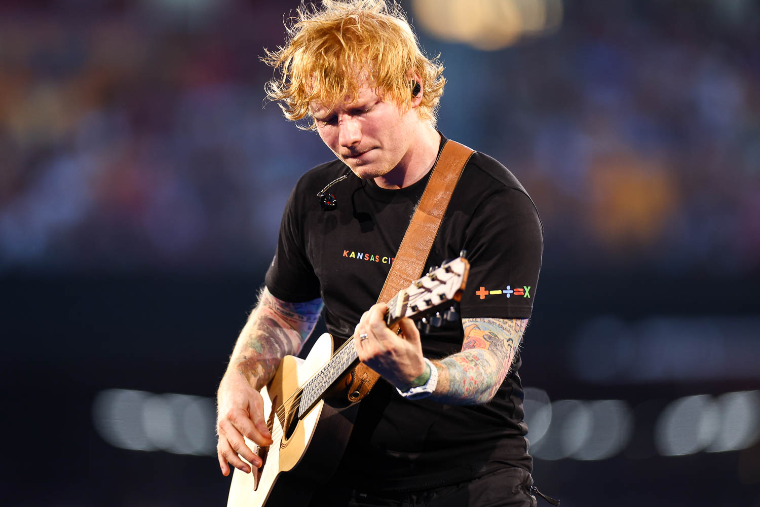 Ed Sheeran performing at GEHA Field at Arrowhead Stadium on Saturday, August 5, 2023.