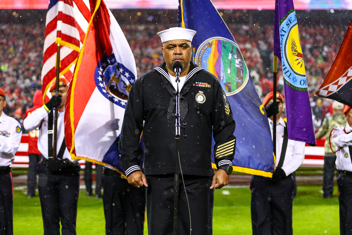 Retired Navy Petty Officer 1st Class Generald Wilson singing the National Anthem prior to the week 11 NFL football game between the Kansas City Chiefs and the Philadelphia Eagles, November 20, 2023 in Kansas City.