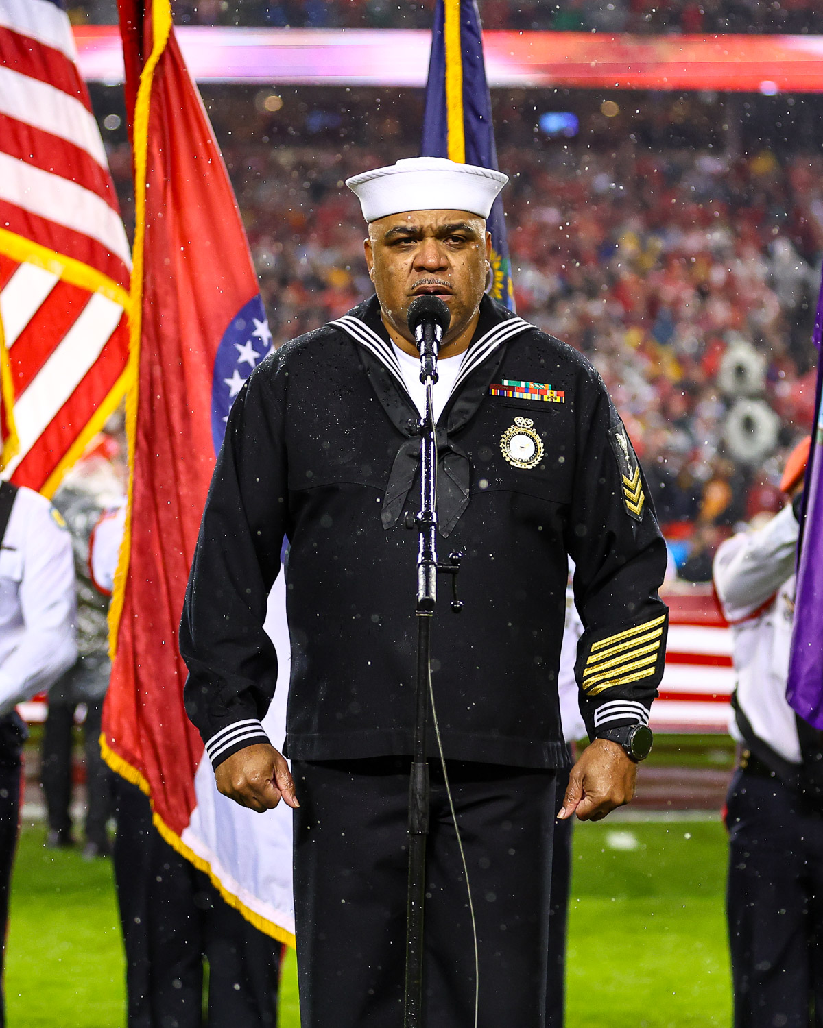 Retired Navy Petty Officer 1st Class Generald Wilson singing the National Anthem prior to the week 11 NFL football game between the Kansas City Chiefs and the Philadelphia Eagles, November 20, 2023 in Kansas City.