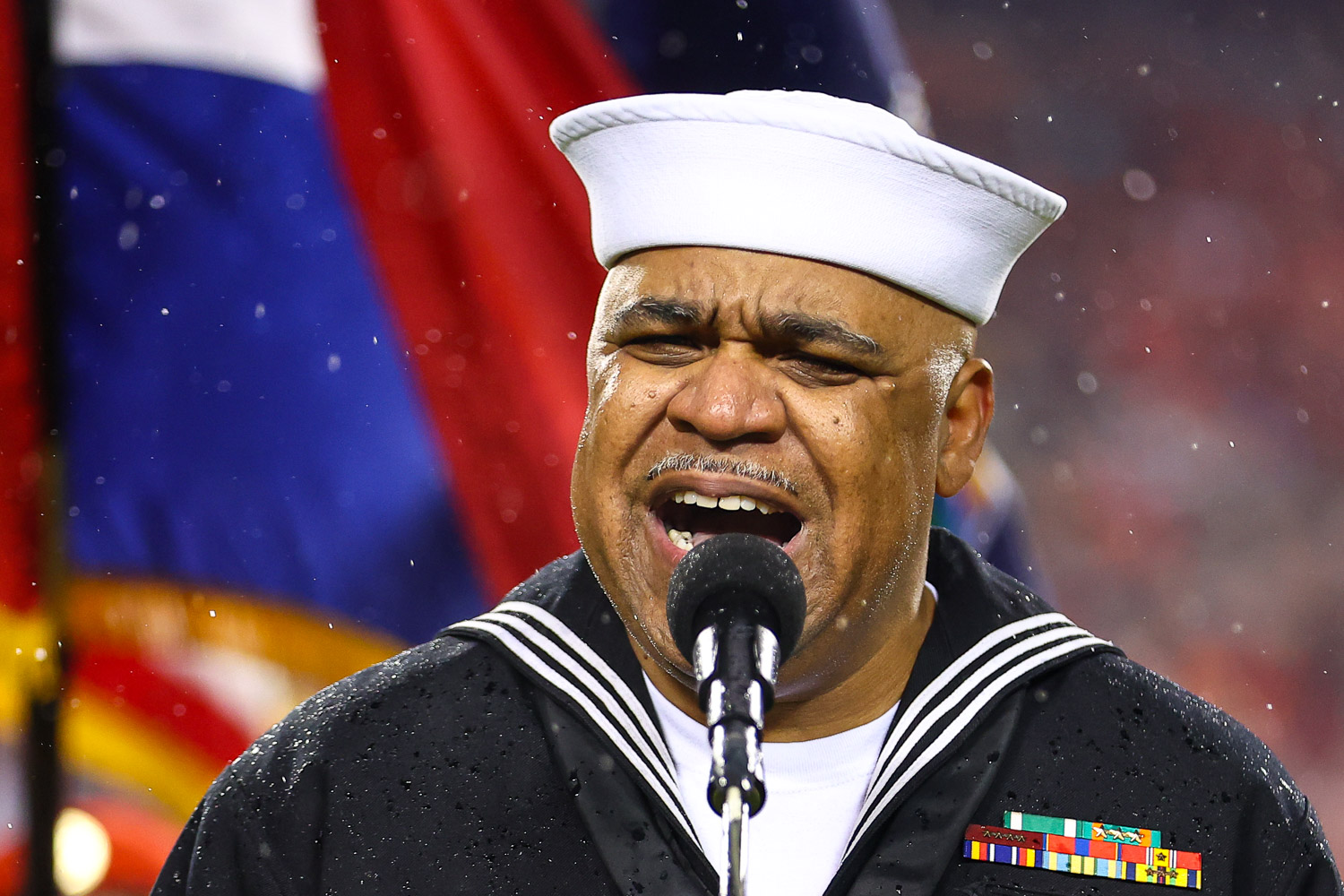 Retired Navy Petty Officer 1st Class Generald Wilson singing the National Anthem prior to the week 11 NFL football game between the Kansas City Chiefs and the Philadelphia Eagles, November 20, 2023 in Kansas City.