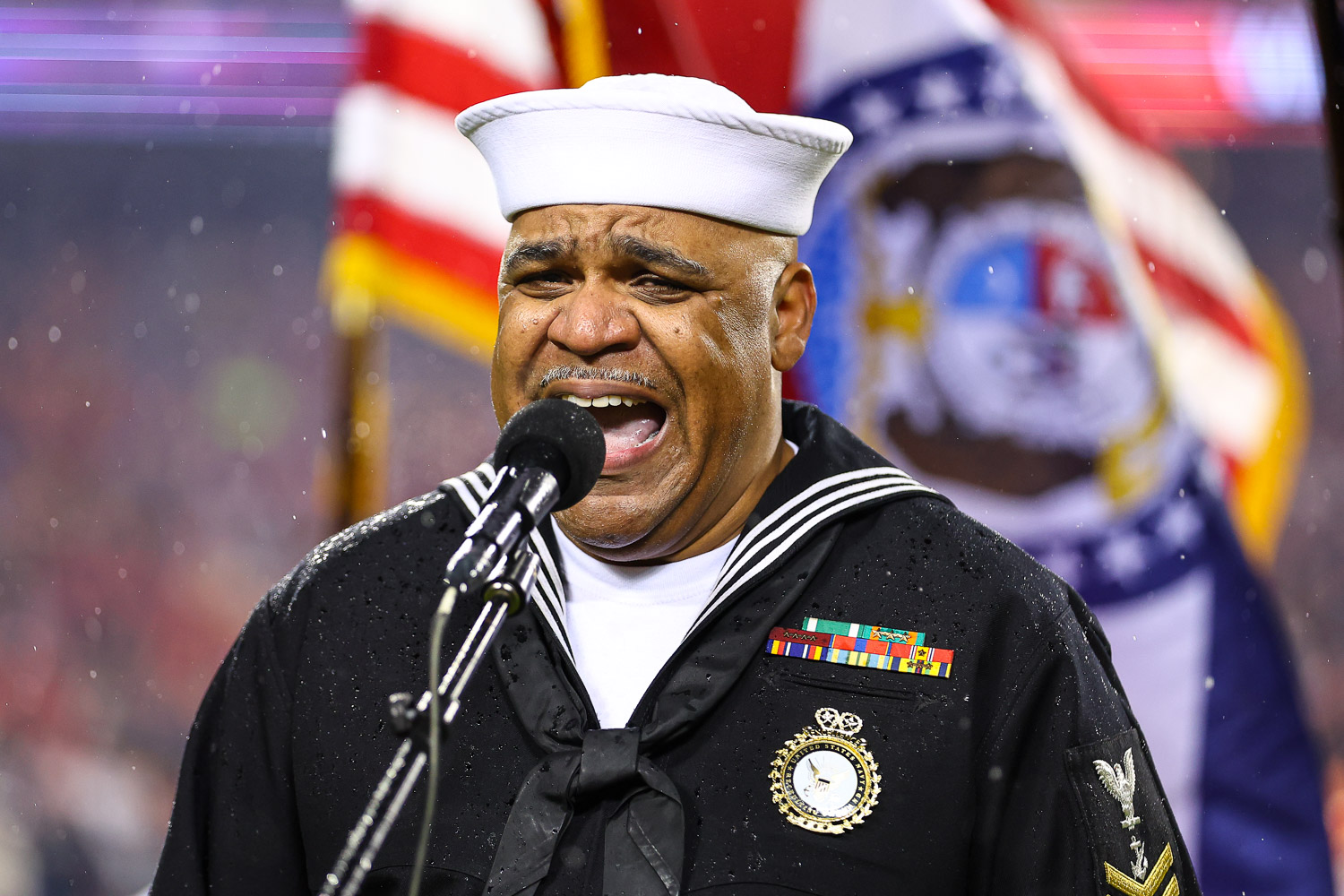 Retired Navy Petty Officer 1st Class Generald Wilson singing the National Anthem prior to the week 11 NFL football game between the Kansas City Chiefs and the Philadelphia Eagles, November 20, 2023 in Kansas City.