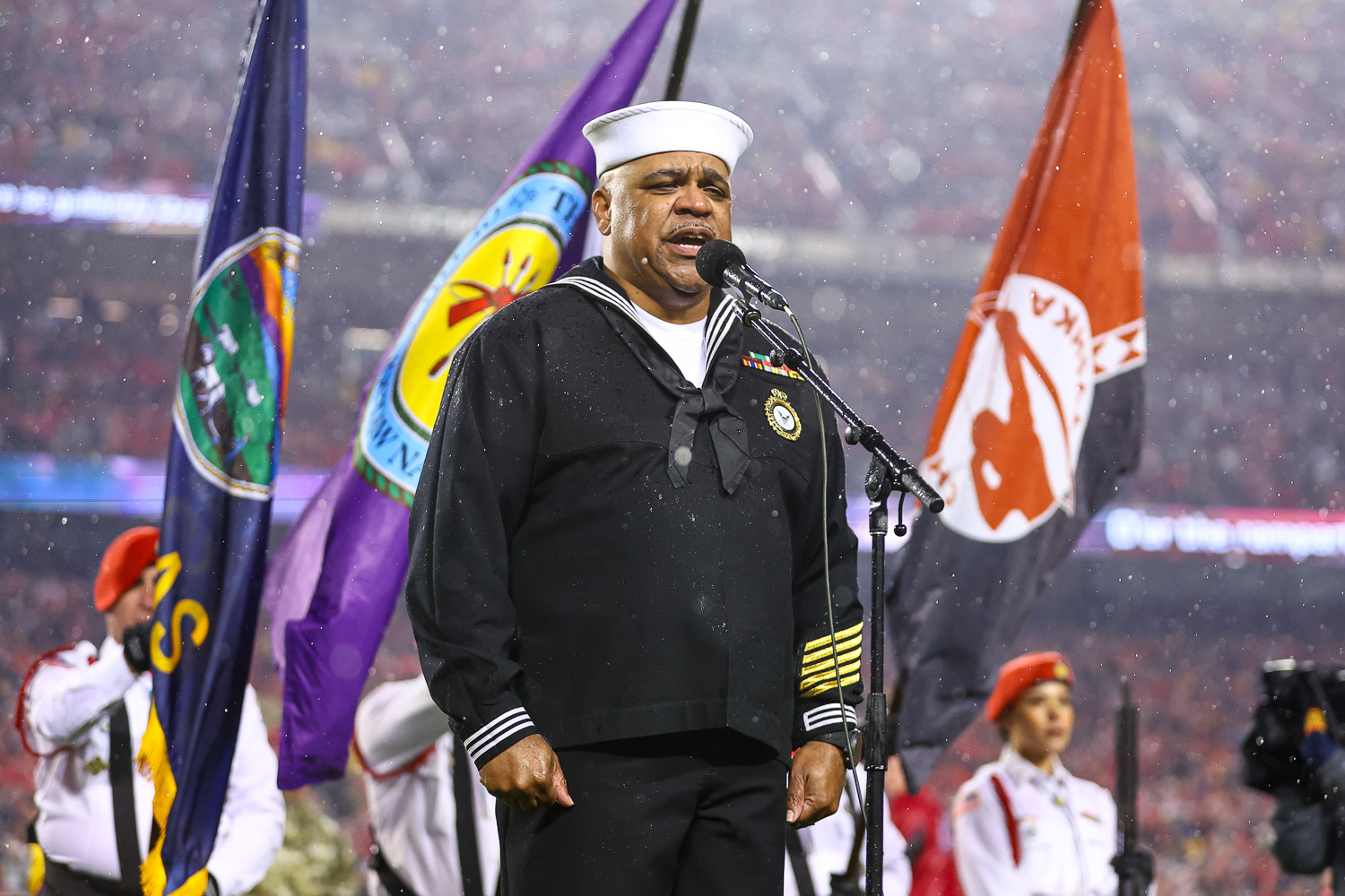 Retired Navy Petty Officer 1st Class Generald Wilson singing the National Anthem prior to the week 11 NFL football game between the Kansas City Chiefs and the Philadelphia Eagles, November 20, 2023 in Kansas City.