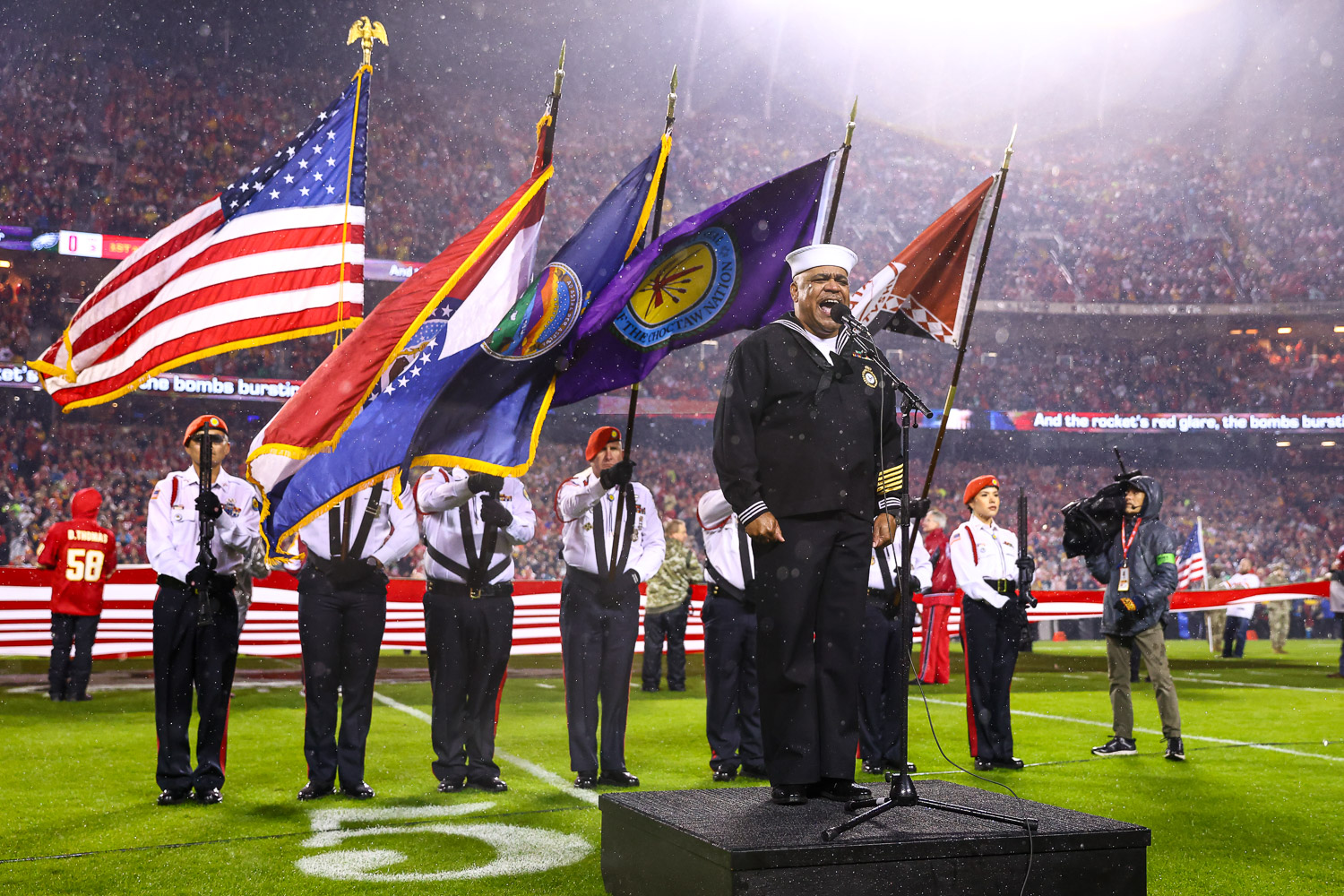 Retired Navy Petty Officer 1st Class Generald Wilson singing the National Anthem prior to the week 11 NFL football game between the Kansas City Chiefs and the Philadelphia Eagles, November 20, 2023 in Kansas City.