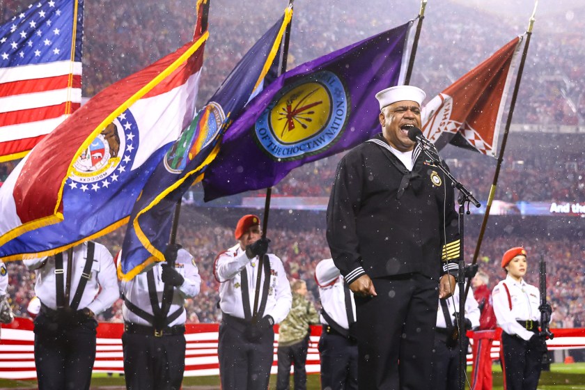 Retired Navy Petty Officer 1st Class Generald Wilson singing the National Anthem prior to the week 11 NFL football game between the Kansas City Chiefs and the Philadelphia Eagles, November 20, 2023 in Kansas City.