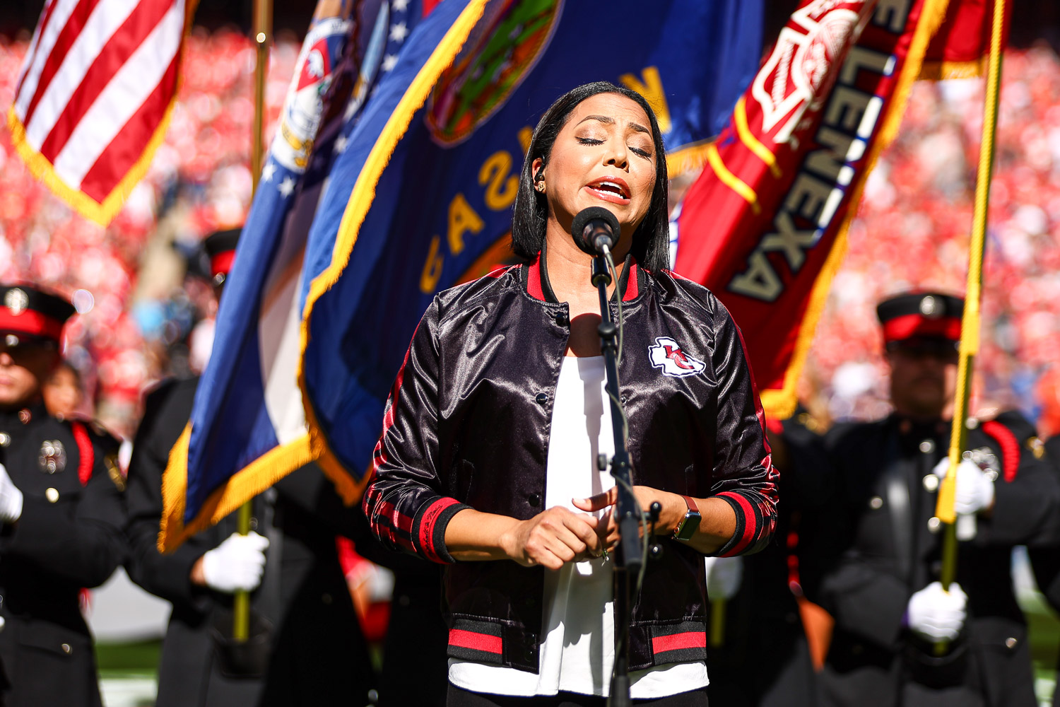 Good Morning America reporter and Army Reserve Major Stephanie Ramos sings the national anthem prior to the week three NFL football game against the Chicago Bears, Sunday, September 26, 2023 in Kansas City.