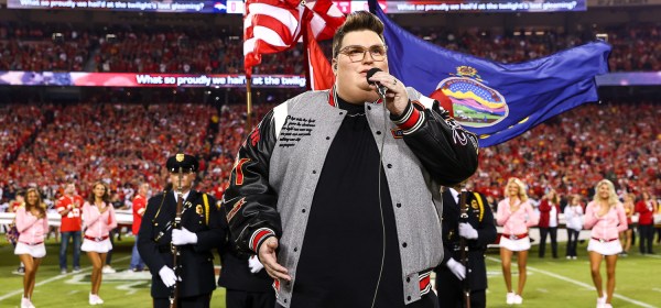 Gospel singer-songwriter Jordan Smith sings the national anthem prior to the week six NFL football game against the Denver Broncos, Thursday, October 12, 2023 in Kansas City.
