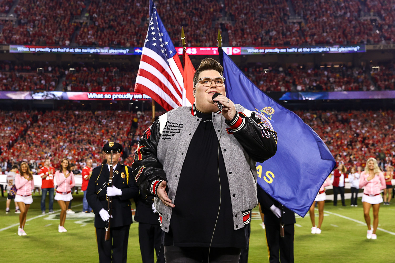 Gospel singer-songwriter Jordan Smith sings the national anthem prior to the week six NFL football game against the Denver Broncos, Thursday, October 12, 2023 in Kansas City.