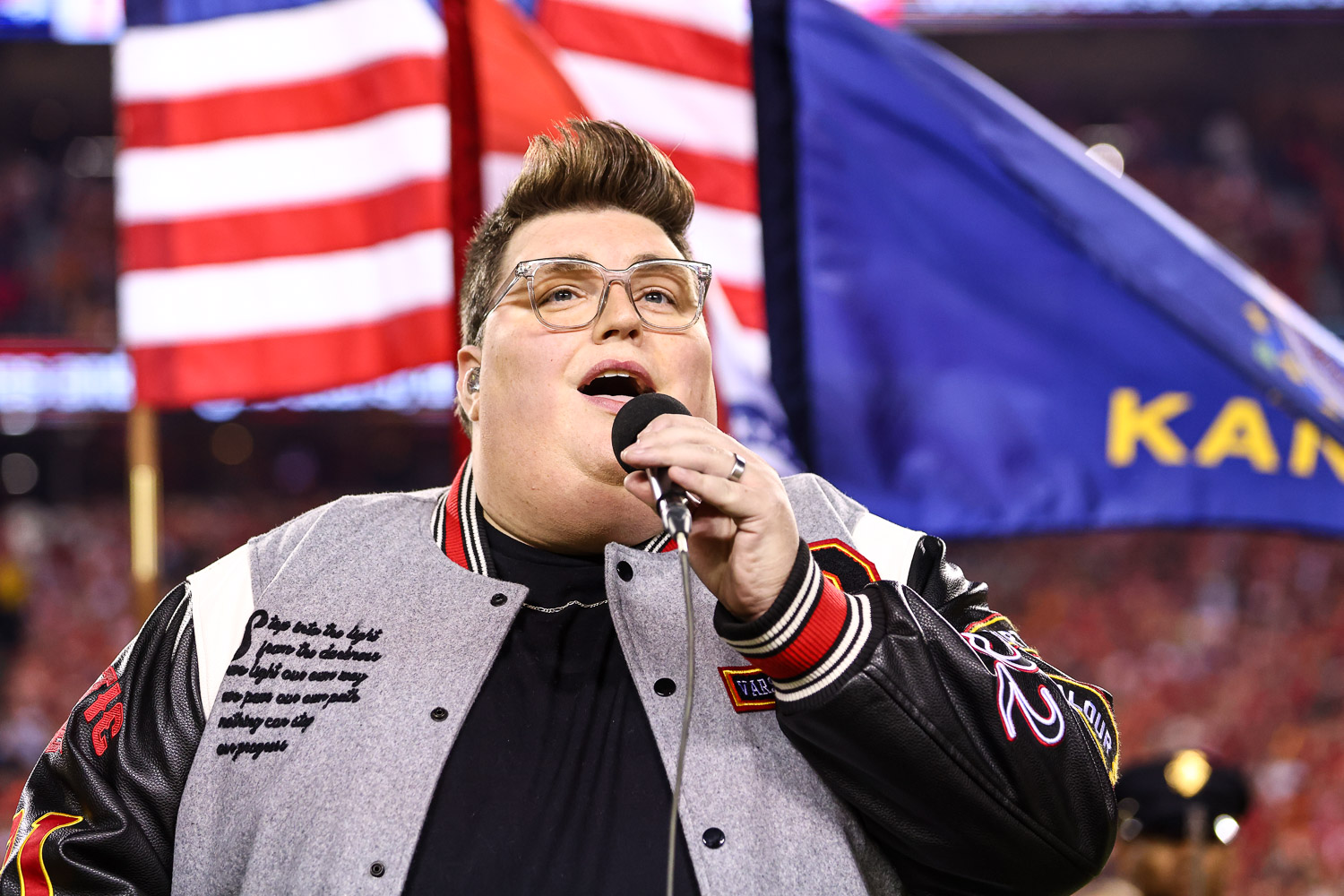 Gospel singer-songwriter Jordan Smith sings the national anthem prior to the week six NFL football game against the Denver Broncos, Thursday, October 12, 2023 in Kansas City.