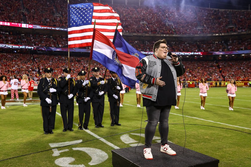 Gospel singer-songwriter Jordan Smith sings the national anthem prior to the week six NFL football game against the Denver Broncos, Thursday, October 12, 2023 in Kansas City.