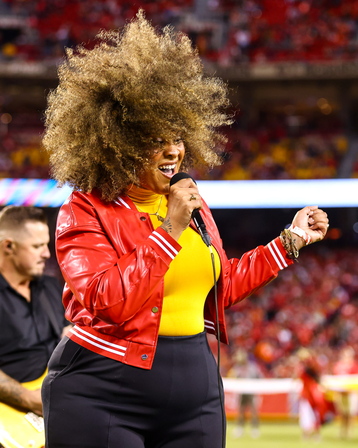 Kansas City party band Lost Wax performing during the Crucial Catch recognition at halftime of the week six NFL football game between the Kansas City Chiefs and the Denver Broncos, Thursday, October 12, 2023 in Kansas City.
