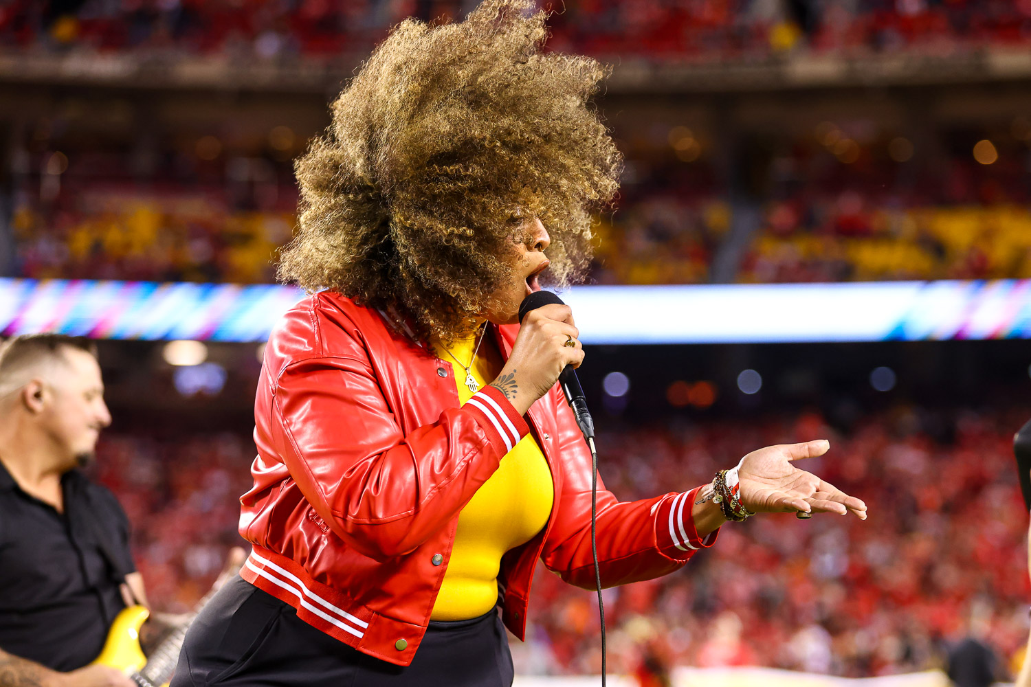Kansas City party band Lost Wax performing during the Crucial Catch recognition at halftime of the week six NFL football game between the Kansas City Chiefs and the Denver Broncos, Thursday, October 12, 2023 in Kansas City.
