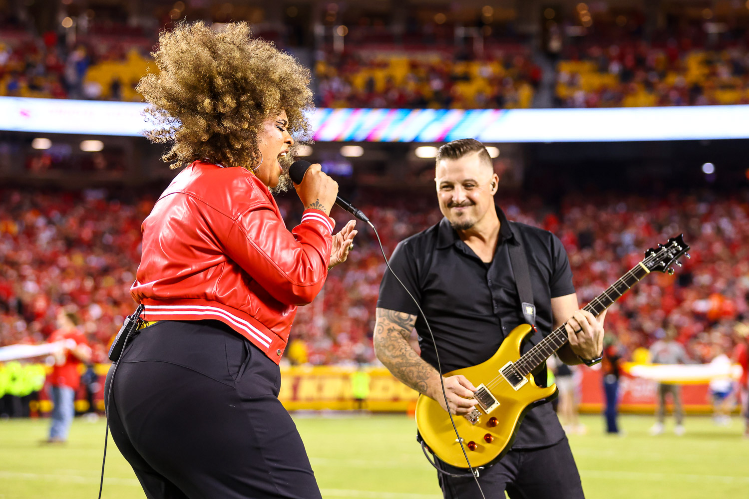 Kansas City party band Lost Wax performing during the Crucial Catch recognition at halftime of the week six NFL football game between the Kansas City Chiefs and the Denver Broncos, Thursday, October 12, 2023 in Kansas City.
