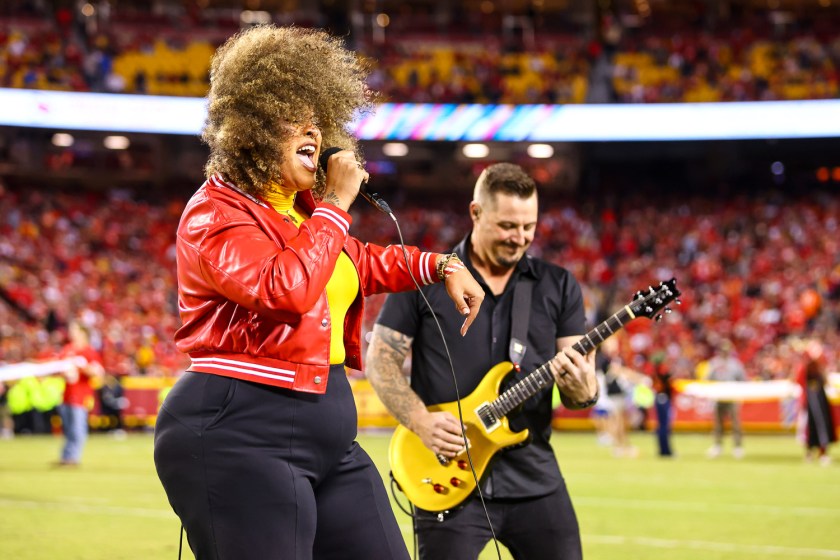 Kansas City party band Lost Wax performing during the Crucial Catch recognition at halftime of the week six NFL football game between the Kansas City Chiefs and the Denver Broncos, Thursday, October 12, 2023 in Kansas City.