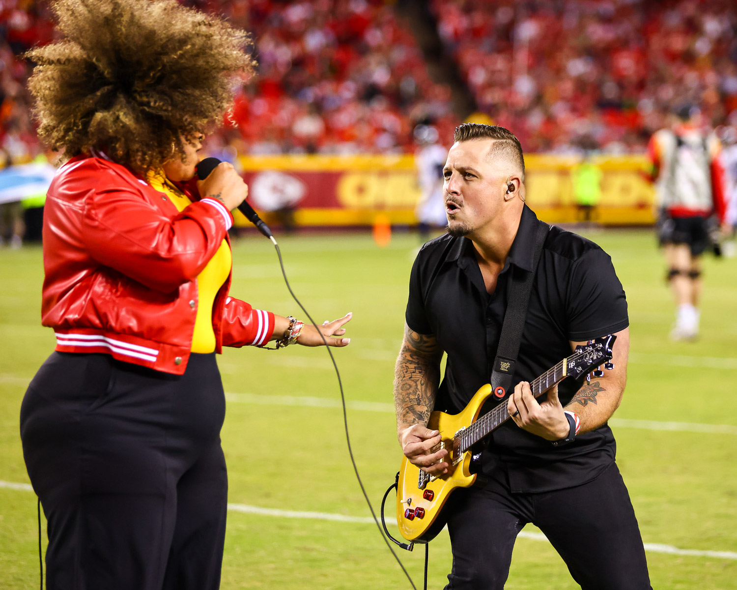Kansas City party band Lost Wax performing during the Crucial Catch recognition at halftime of the week six NFL football game between the Kansas City Chiefs and the Denver Broncos, Thursday, October 12, 2023 in Kansas City.