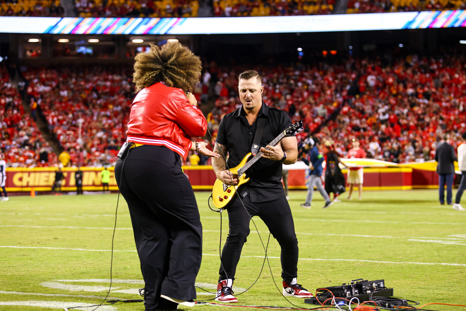 Kansas City party band Lost Wax performing during the Crucial Catch recognition at halftime of the week six NFL football game between the Kansas City Chiefs and the Denver Broncos, Thursday, October 12, 2023 in Kansas City.